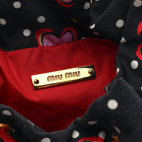 MIU MIU Nylon Polka Dots Heart Print Drawstring Pouch Black