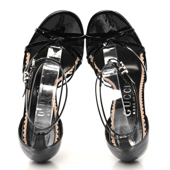 GUCCI Patent Crystal Double G Ankle Wrap Sandals 37 Black
