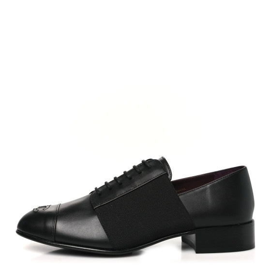 CHANEL Calfskin Elastic Lace Up Cap Toe CC Loafers 37 Black