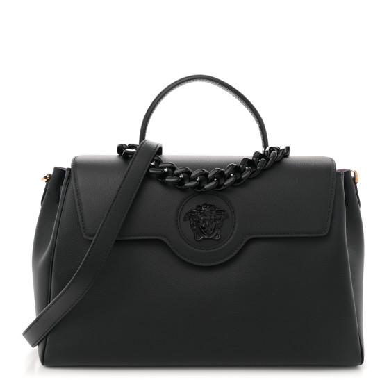 VERSACE ブラック ハンドバッグ VERSACE Grained Calfskin Large La Medusa Top Handle Bag