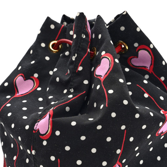 MIU MIU Nylon Polka Dots Heart Print Drawstring Pouch Black