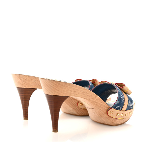 LOUIS VUITTON Denim Monogram Bow Mules Peep Toe Heels 37