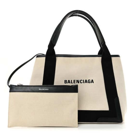 BALENCIAGA Cotton Canvas Calfskin Navy Cabas XS Natural