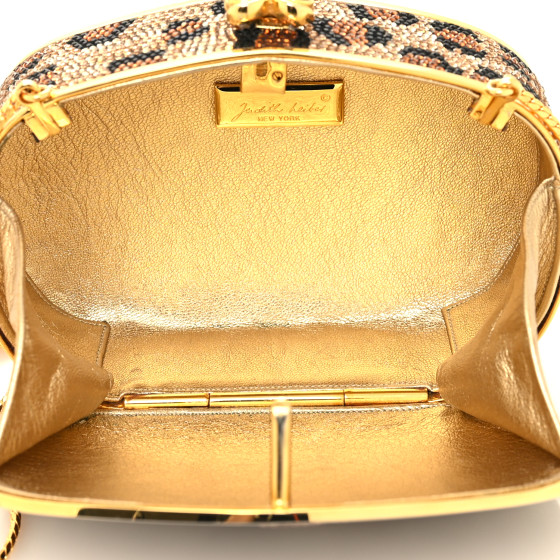 JUDITH LEIBER Crystal Minaudiere Leopard Clutch Black Brown