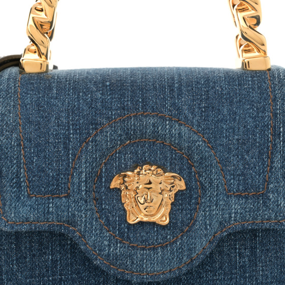 VERSACE Denim Mini La Medusa Chain Top Handle Bag Navy Blue