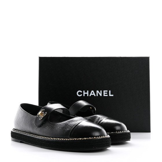 CHANEL Crumpled Lambskin Cap Toe Chain CC Turnlock Mary Jane