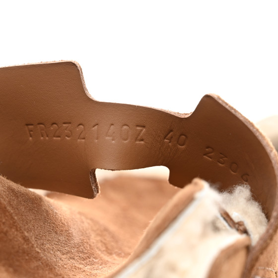 HERMES Suede Goatskin Shearling Go Mules 40 Brun Fume Ecru