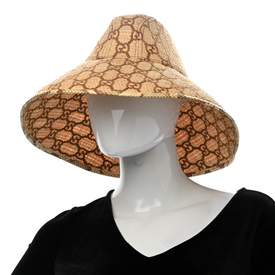 GUCCI Raffia Elaphe GG Monogram Embroidered Wide Brim Hat