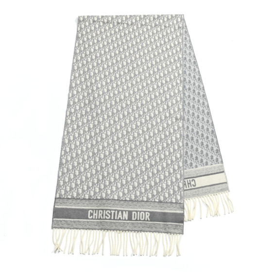 CHRISTIAN DIOR Cashmere Oblique Fringed Scarf Grey 1171349