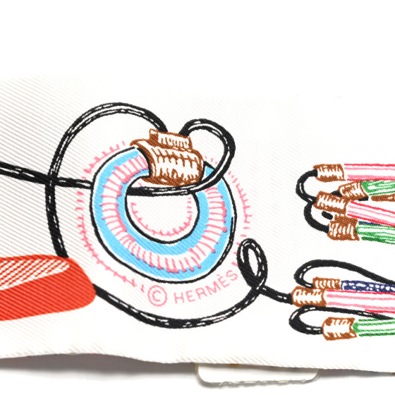 HERMES Silk Chevaloscope Neon Twilly White Bleu Rouge
