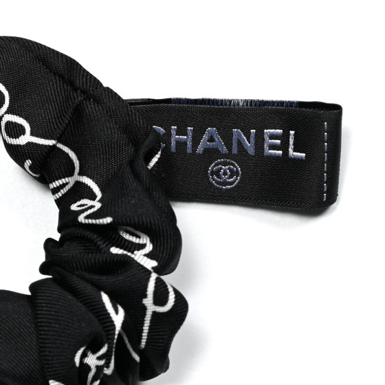 CHANEL Silk Twill Square Scarf Hair Tie Black White 1167281