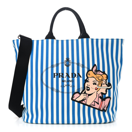 PRADA Canvas Striped Comic Shopping Tote Blue White 1117108