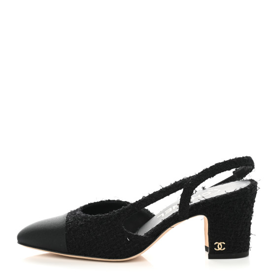 CHANEL Tweed Cap Toe CC Slingback Pumps 35.5 Black 1107000