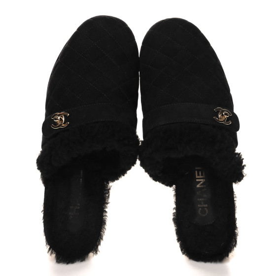 CHANEL Suede Calfskin Shearling Turn Lock Clogs 40 Black