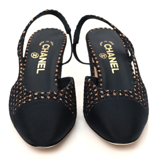 CHANEL Iridescent Tweed Grosgrain Cap Toe CC Slingback Pumps