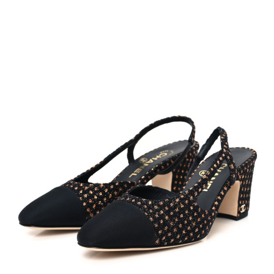 CHANELスパンコール付ツィードトップス　黒　美品 CHANEL Iridescent Tweed Grosgrain Cap Toe CC Slingback Pumps