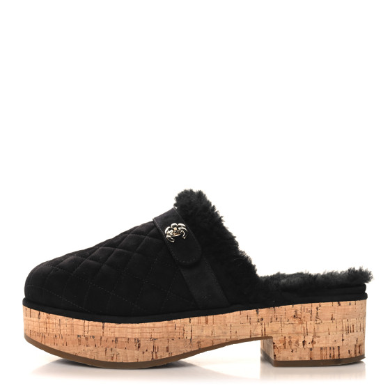 CHANEL Suede Calfskin Shearling Turn Lock Clogs 40 Black
