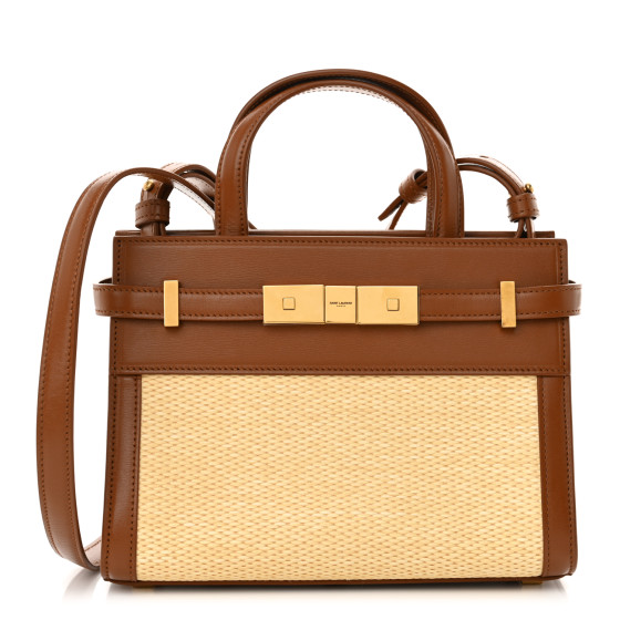 SAINT LAURENT Calfskin Raffia Manhattan Nano Shopper Tote