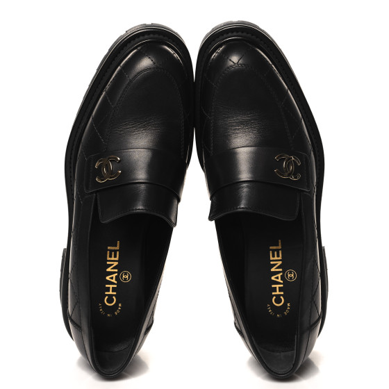 CHANEL Calfskin Quilted CC Mocassin Loafers 39.5 Black