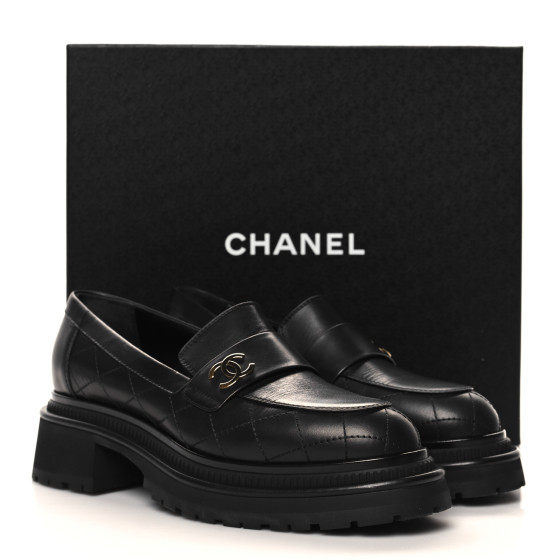 ルル CHANEL Calfskin Quilted CC Mocassin Loafers 39.5 Black