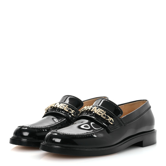 CHANEL Patent Calfskin Logo Loafers 38.5 Black 1673230