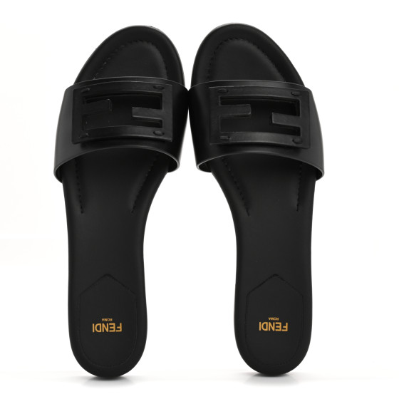 FENDI Vitello Cuoio Baguette Flat Slide Sandals 40 Black