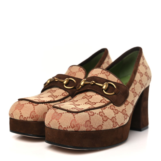 GUCCI GG Monogram Suede Houdan Mid Heel Platform Loafers 40