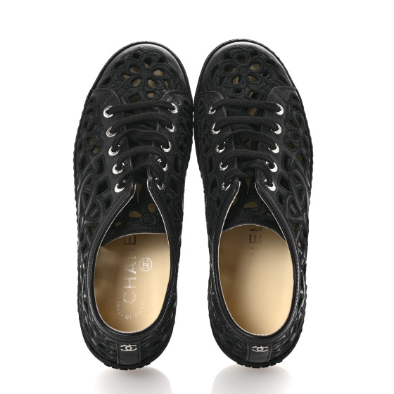 CHANEL Calfskin Hollow Out Flower Sneakers 36 Black 1676649