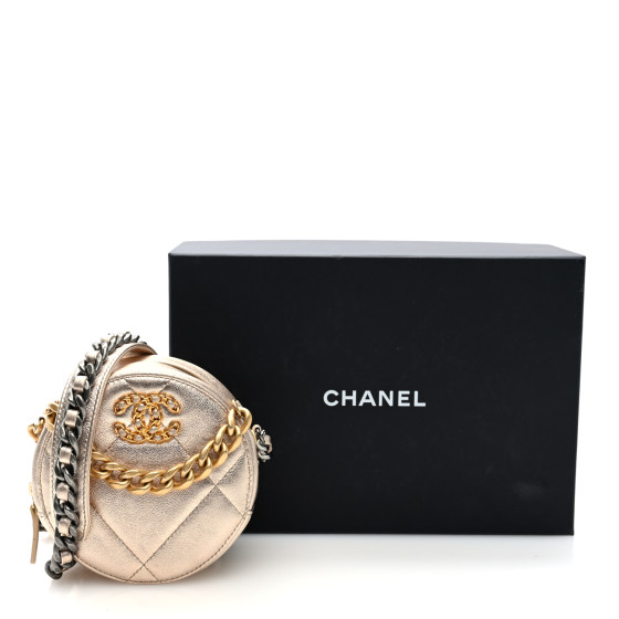 CHANEL Metallic Lambskin Quilted Chanel 19 Round Clutch With