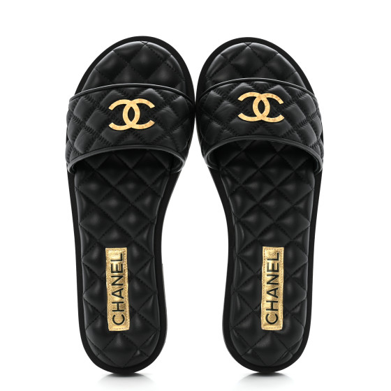 みな CHANEL Lambskin Quilted Textured CC Mules Sandals 39 Black