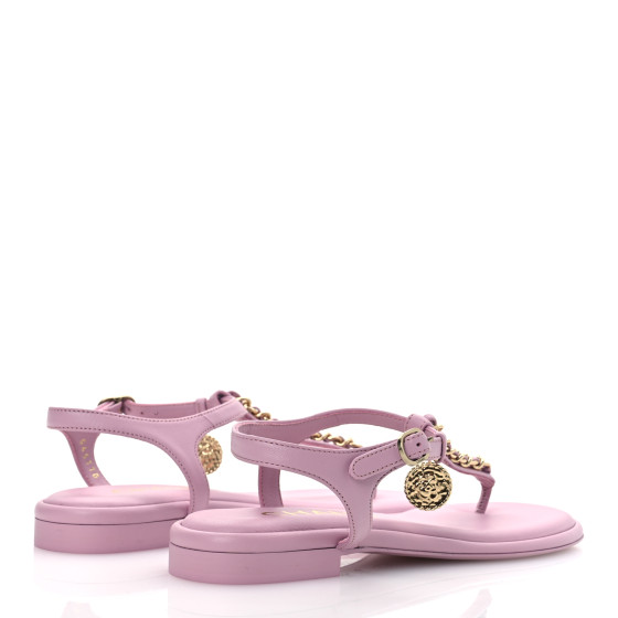 CHANEL Lambskin Chain CC Logo Thong Sandals 37.5 Pink