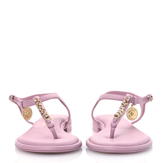 CHANEL Lambskin Chain CC Logo Thong Sandals 37.5 Pink