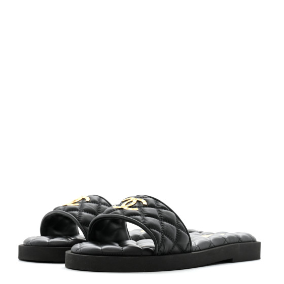 みな CHANEL Lambskin Quilted Textured CC Mules Sandals 39 Black