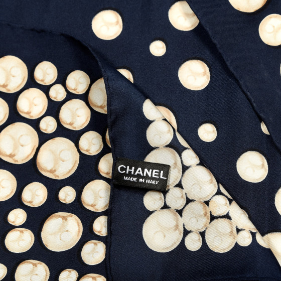 CHANEL Silk Pearl Scarf White Navy Blue 700445 | FASHIONPHILE
