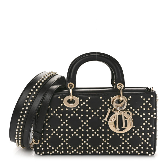 CHRISTIAN DIOR Lambskin Cannage Pearl Studded Small Lady D-Joy Black