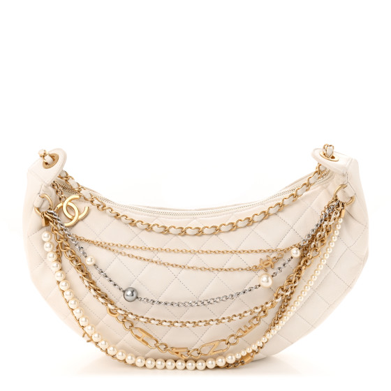 CHANEL Lambskin Quilted All About Chains Waist Belt Bag White