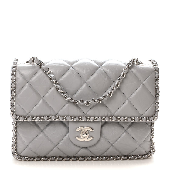 CHANEL Crumpled Calfskin Medium Chain All Over Flap Grey