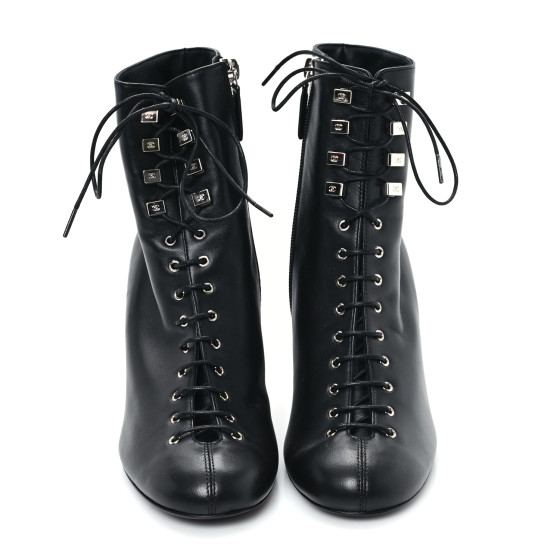 靴 CHANEL 38 CHANEL Lambskin Metallic Heel Lace Up Boots 38 Black 1681300
