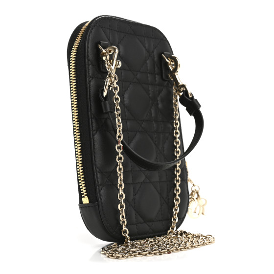 CHRISTIAN DIOR Lambskin Cannage Lady Dior Phone Holder Black