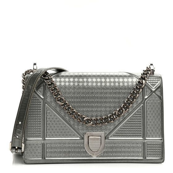 CHRISTIAN DIOR Metallic Patent Micro-Cannage Medium Diorama Flap Bag Silver