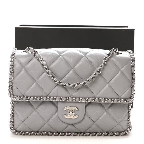 CHANEL Crumpled Calfskin Medium Chain All Over Flap Grey