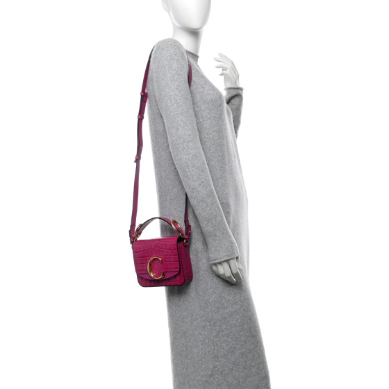 CHLOE Calfskin Crocodile Embossed Mini C Double Carry Graphic Pink