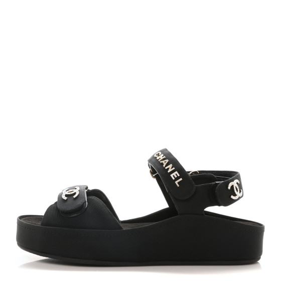 CHANEL  Grosgrain & Strassブラック シルバーサンダル CHANEL Grosgrain Strass Logo Platform Sandals 39 Black