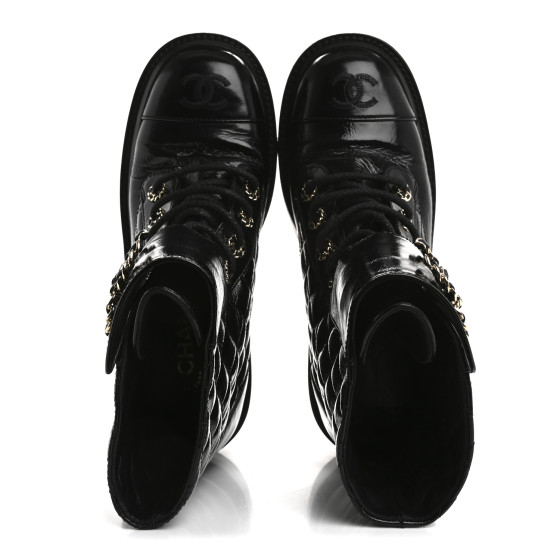 CHANEL Shiny Lambskin Quilted Lace Up Combat Boots 37 Black