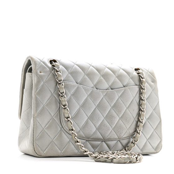 CHANEL Metallic Lambskin Quilted Medium Double Flap Silver