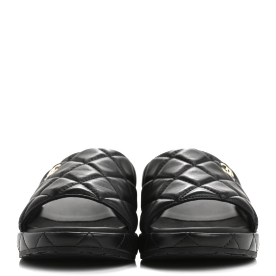 CHANEL Lambskin Quilted CC Mules Wedge Sandals 40 Black