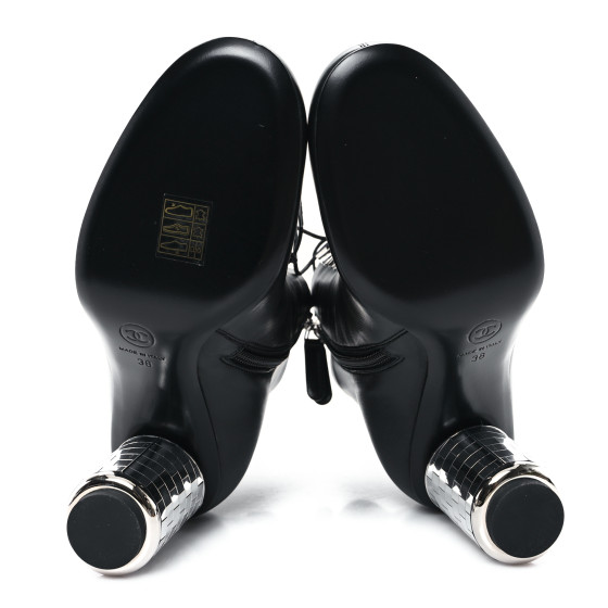 CHANEL Lambskin Metallic Heel Lace Up Boots 38 Black 1681300