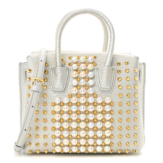 MCM Calfskin Pearls Studded Mini Milla Tote White Flake