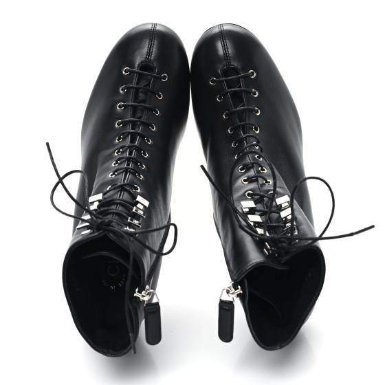 CHANEL Lambskin Metallic Heel Lace Up Boots 38 Black 1681300