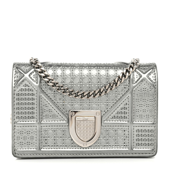 CHRISTIAN DIOR Metallic Patent Micro-Cannage Baby Diorama Flap Bag Silver